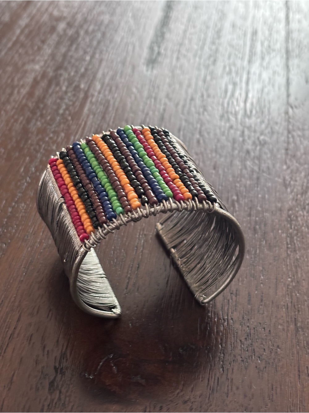 Handmade Silver-Tone Cuff Bracelet with Multicolor Beads